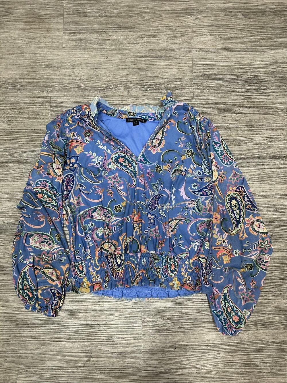 Boston Proper Paisley Mesh Blouse Womens Small Blue Smocked Waist V-Neck Top